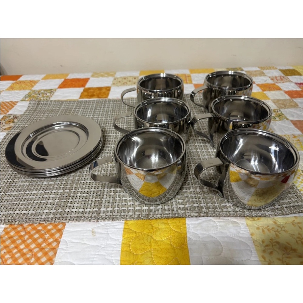Pottery Barn Stainless Steel Coffee cup and saucer set NEW VINTAGE set of 6